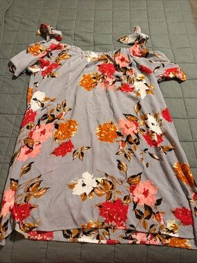 Floral Off-Shoulder Women’s Dress - blue/Gray with Red & Orange Blooms